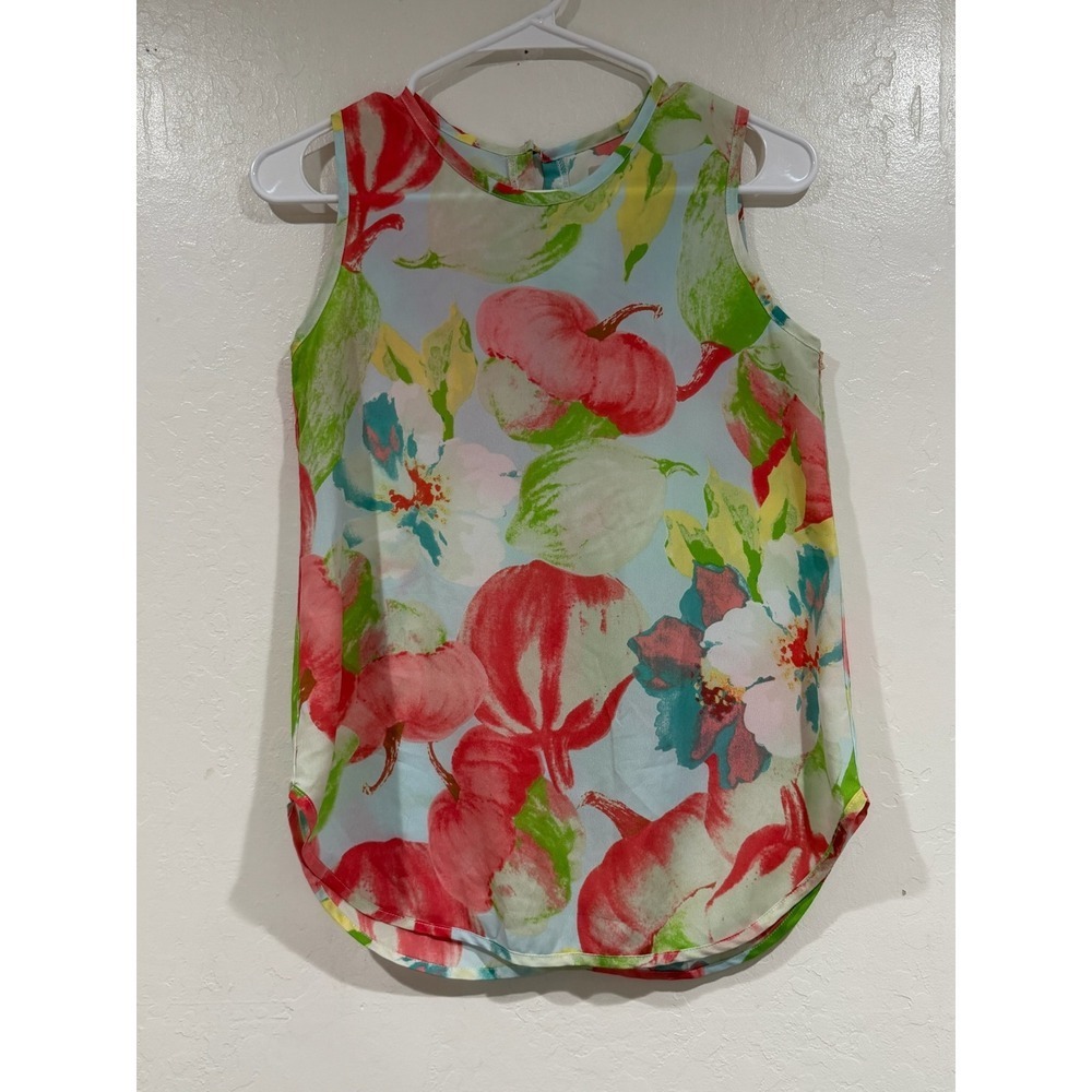 CLN Womens Floral Watercolor Sleeveless Blouse Blue Coral Green Size Small - Picture 2 of 4
